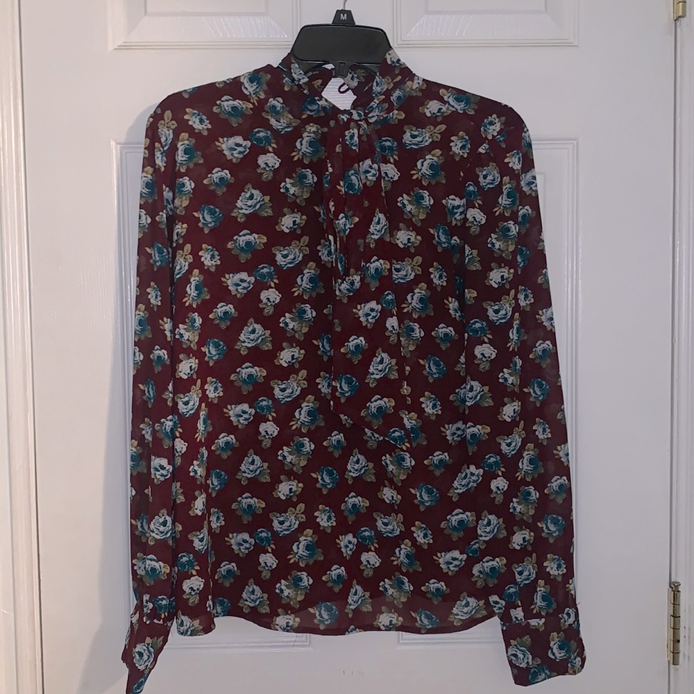 vintage inspired top, neck high long sleeve roses